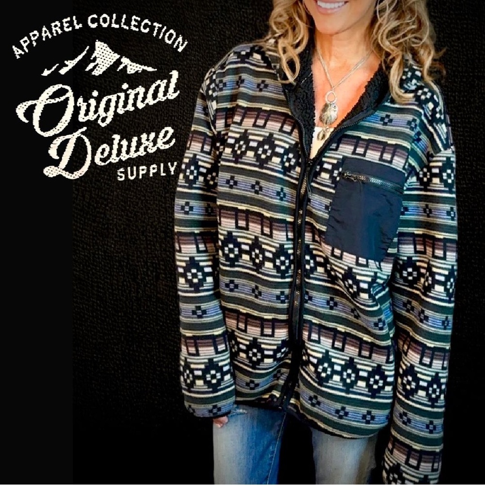 Original Deluxe Supply Men’s Sherpa Lined Geometric striped Hoodie Jacket XL